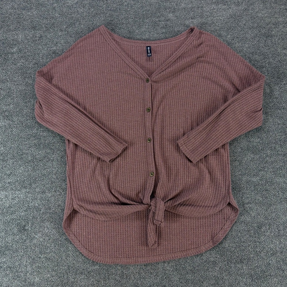 IWOLLENCE Womens XS Mauve Waffle Knit‎ Button Down Tie Front Thermal Top